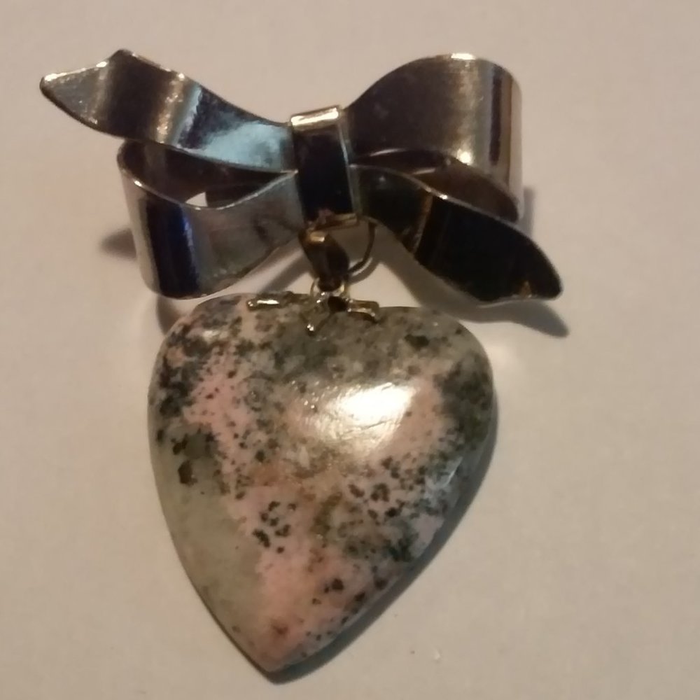 Pin Silver Bow With Heart Shaped Stone Gray and Pink 2" x 1 1/2"